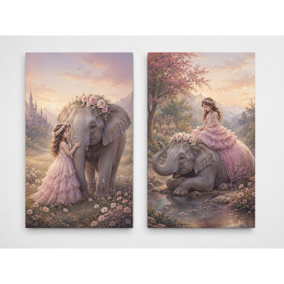 Grand ensemble de 2 reproductions d'art sur toile, princesse éléphant féerique, château floral rose, impression sur toile 16 x 24 pouces