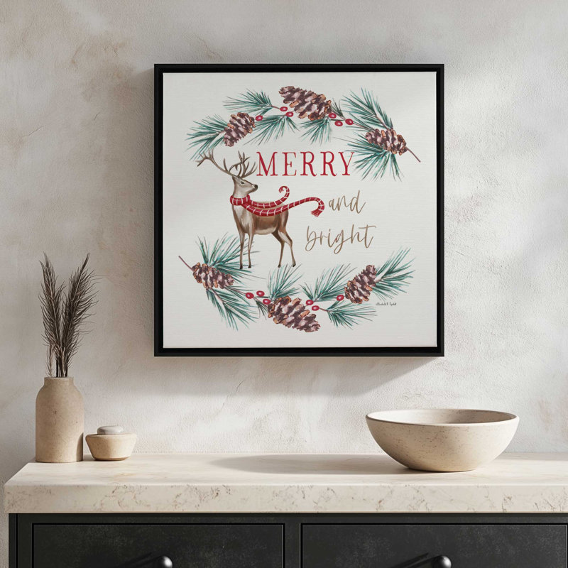«Merry and Bright Reindeer» par Elizabeth Tyndall, reproduction d'art, L 36 x H 36, Noir, Toile avec cadre