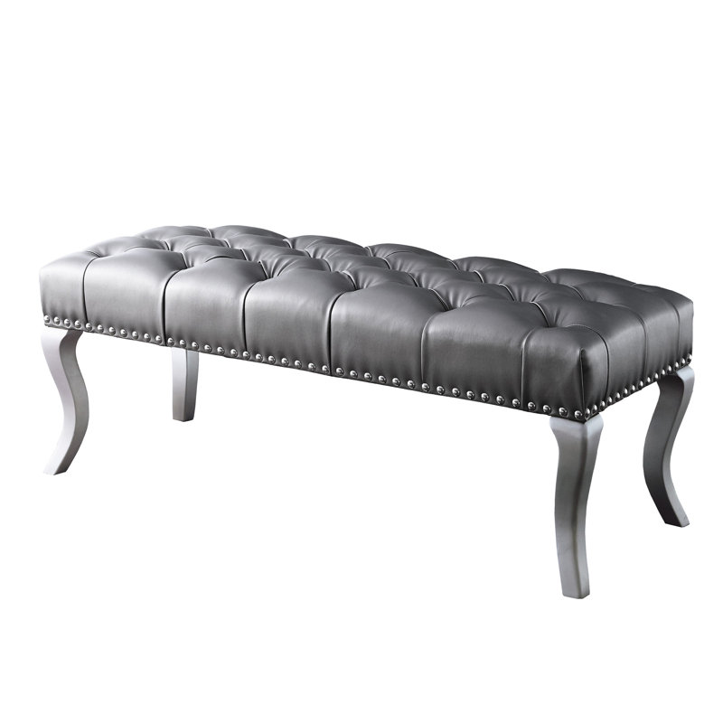 Soft Upholstered Bench With Crystal Button Tufting And Nailhead Trim In Champagne, 48"W X 18"L 18"H, Decorative Comfort Trimmed Champagne Colored Fabric, Improves Appeal