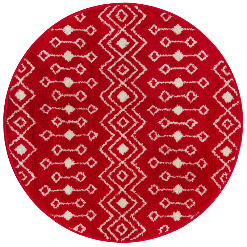 Tapis géométrique en chenille / polyester tissé à la machine Briehn - rouge / blanc, Rond 3 pi 3 po