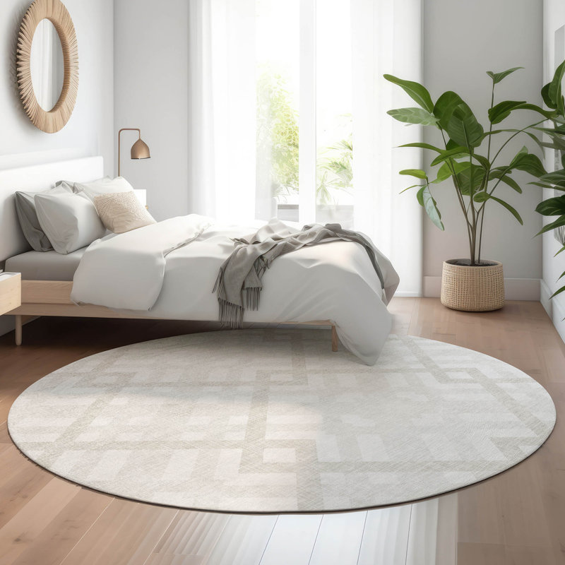 Premium Machine Washable Mayfield AMF616 Geometric Rug, 8' Round, Ivory