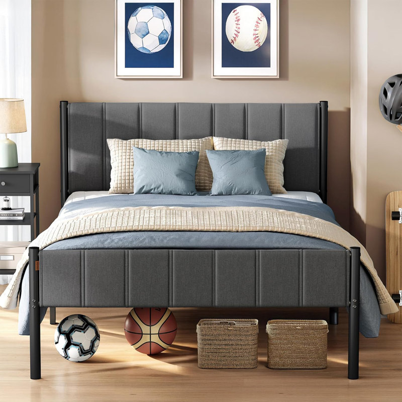 Bed Frame, With Upholstered Headboard, Metal Bed Frame, 500 Kg Weight Capacity, Easy Assembly, Slate Grey