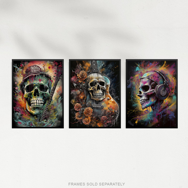 Thrash Metal Death Skull Guitar Brutal Horror - 3 Piece No Frame Print Set