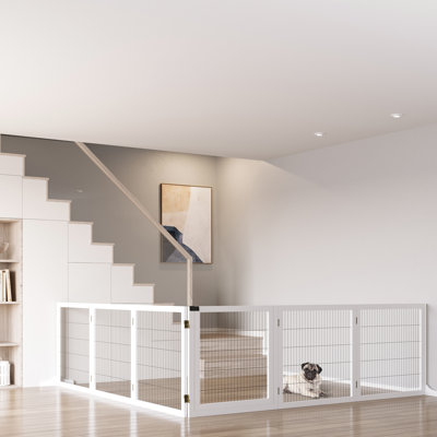170" Freestanding Wooden Dog Gate, White. Foldable Pet Barrier. 6 With 2 Support Feet. Stable Construction. Easy Access. For Small To Medium Sized Dogs. Great For House Doorway, Stairs, Hallway