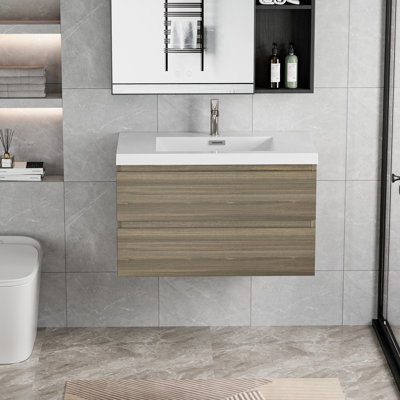 36" Floating Bathroom Vanity With Sink, Wall Mounted Distinctive Modern Cabinet. Resin Countertop Basin, Soft Close Drawers. Ash Grey Revitalize. 24V11-36Ag Top Finish. Space Storage.
