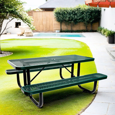 Table de pique-nique rectangulaire de 6 pieds avec structure en acier et mât de parasol, et 72 pouces spacieux pour le plaisir en plein air, métal lisse et facile, s'adapte à divers endroits