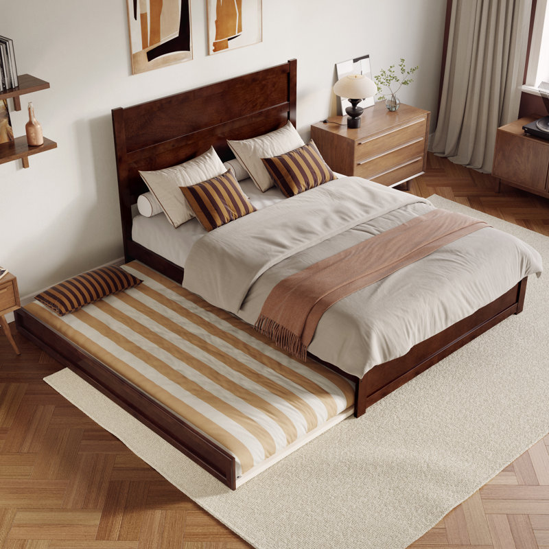 Aveline Wood Platform Bed with Footboard & Trundle, Queen, Walnut