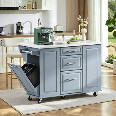 Rolling Kitchen Island With Storage Tilt Trash Can Cabinet, Pull Out Cabinet Organizer, Drop Leaf, 2 Drawers, 1 Cabinet And 5 Wheels