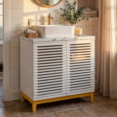 Modern Bathroom Vanity With Cultured Stone Vessel Sink, Slatted Double Doors, Solid Wood Legs And Hand-Painted Finish