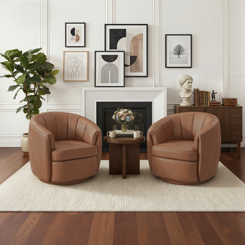 Fauteuil demi-tonneau pivotant en cuir véritable de 34 po de largeur (ensemble de 2), Cuir fleur brun