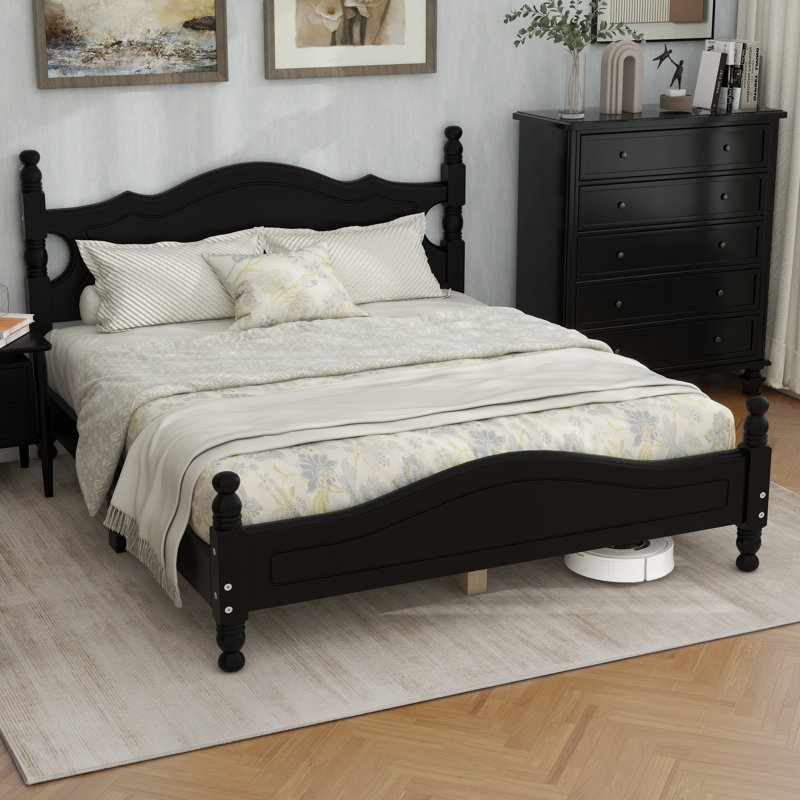 Base de lit plateforme en bois, lit plateforme de style rétro avec support en lattes de bois, Noir, Grand