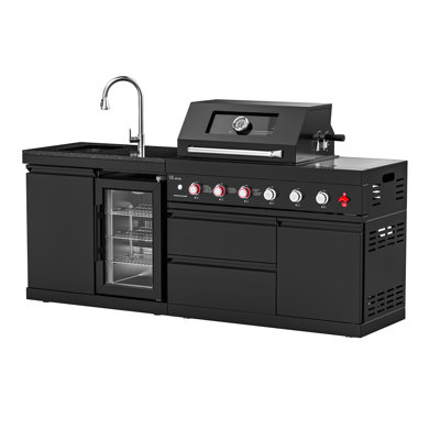 VESTIVIUM 2-Piece Modular Outdoor Kitchen Island Set – Premium Black Stainless Steel Design With 4-Burner Grill, Infrared Rotisserie Burner & Side Burner, Built-In Sink & Refrigerator, Black Galaxy Granite Top