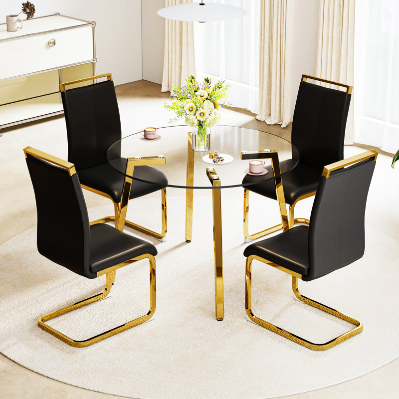 Table de salle à manger en verre trempé transparent avec structure en métal doré, facile à assembler à la maison dans un design contemporain Installation rapide