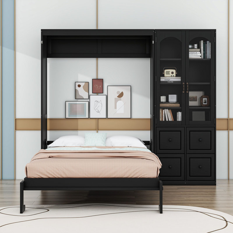 Lit escamotable avec armoire latérale, 4 tiroirs et tablettes de rangement, Noir