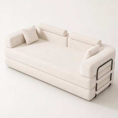 White Sectional Sofa, Convertible Sleeper, Corduroy, Upholstered, for Living Room