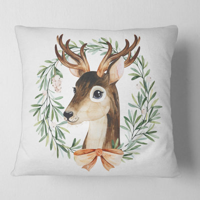 Deer with Floral Wreath Isolated Square Pillow Cover & Insert