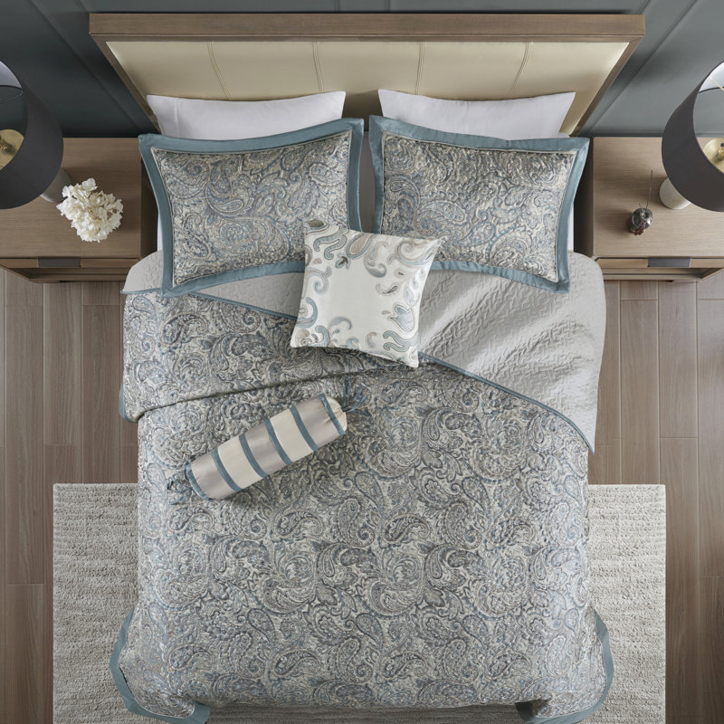 Couvre-lit très grand bleu sarcelle avec 2 taies décoratives - 100%, revers en microfibre, rembourrage en coton, motif cachemire exquis, literie lavable à la machine avec motif d'oreillers, tissu