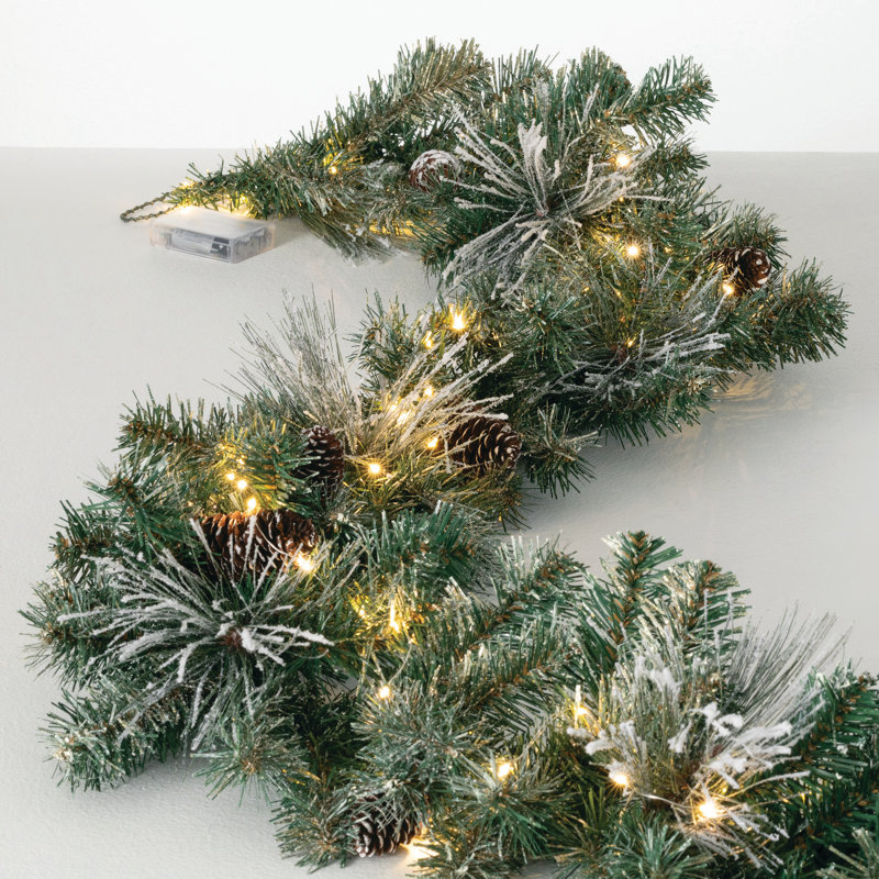 Artificial 9' Flocked LED Pine Christmas Garland with Pinecones, Green