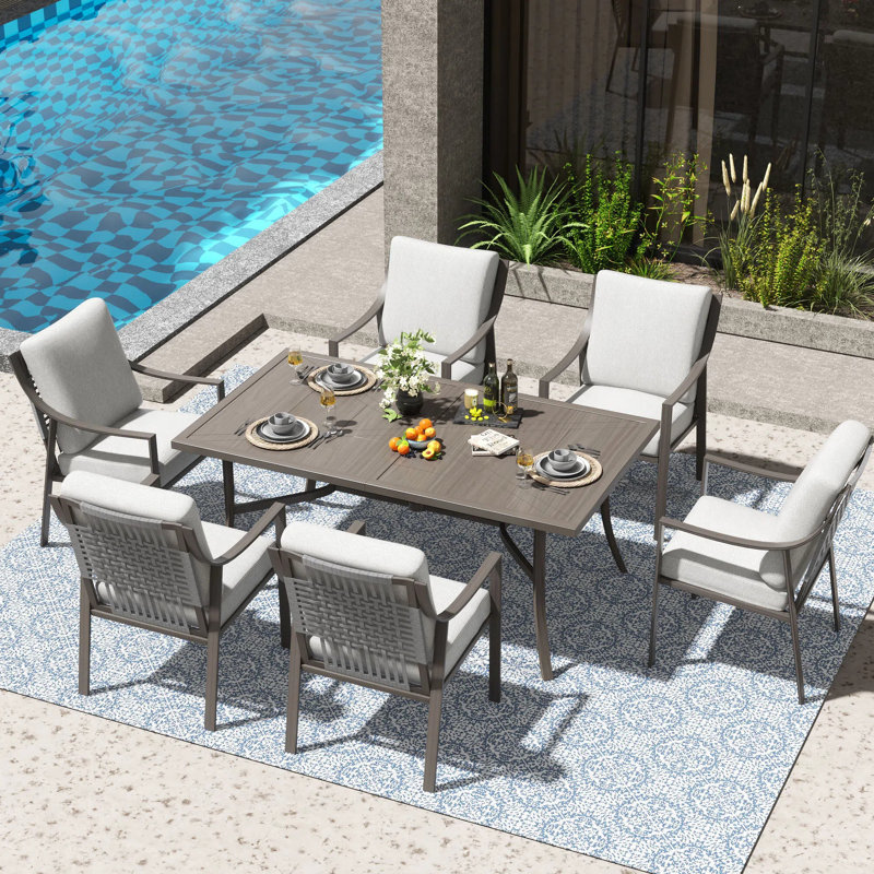 Ensemble de salle à manger d'extérieur 7 pièces – 6 chaises + table rectangulaire de 165 cm avec trou pour parasol