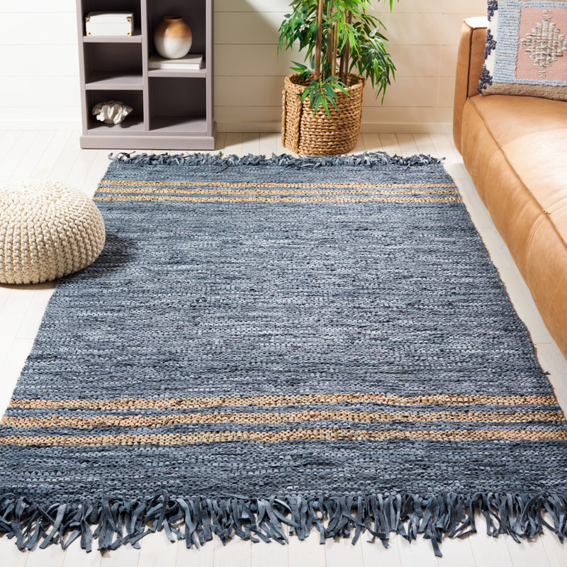Krimmel Vintage Leather Hand Woven Leather/Cotton Striped Rug in Grey/Beige, Rectangle 6' x 9'