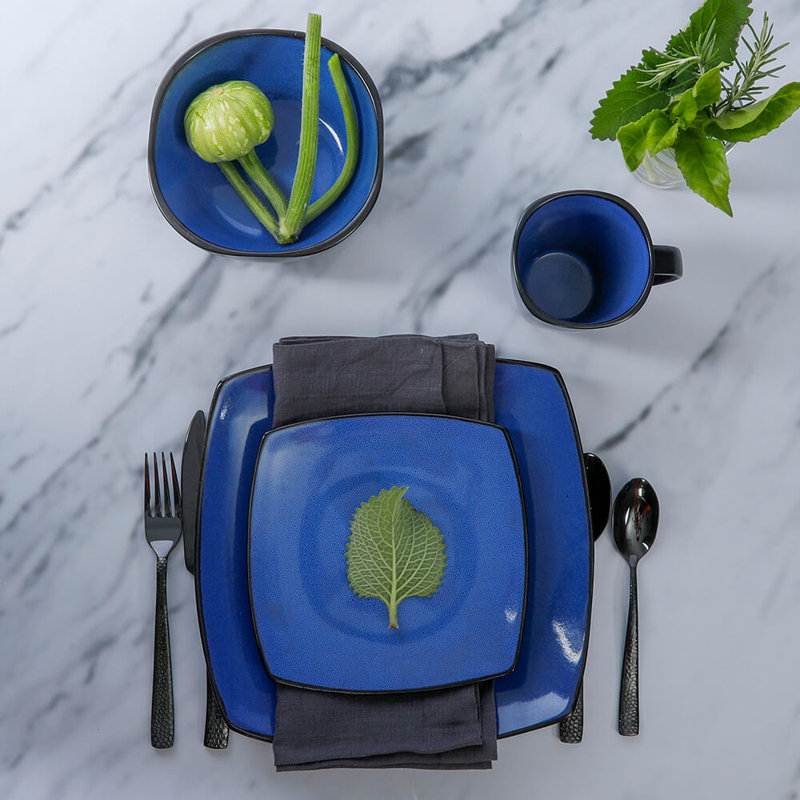 Sapphire Blue Square Porcelain Dinnerware Set, Service for 4