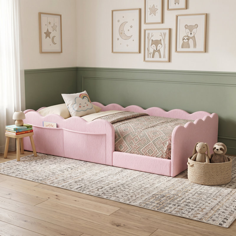 Lit de plancher rembourré avec garde-corps ondulés et poches de rangement latérales, Lit double, Rose