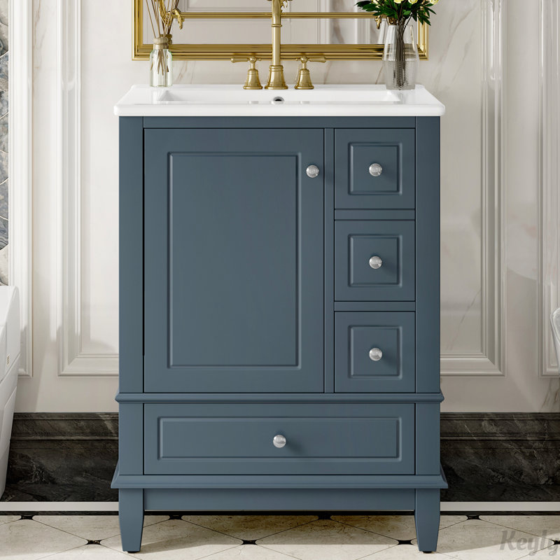 Meuble-lavabo 24 po avec lavabo et tiroirs, tablettes de rangement, Gris bleu / argent