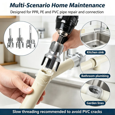 3Pcs 1/2",3/4",1" Pipe Threader Drill Attachment,Tap & Die for PPR PE PVC Pipe, Portable Plumbing Thread Cutting Tool for Pipe Repair & Renovation
