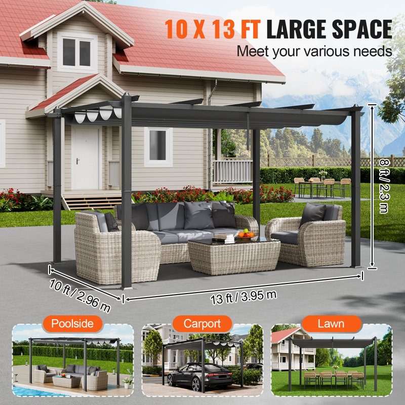 Outdoor Retractable Pergola with Sun Shade Canopy Aluminum, 90.55" H x 116.54" W x 15.55" D, Gray