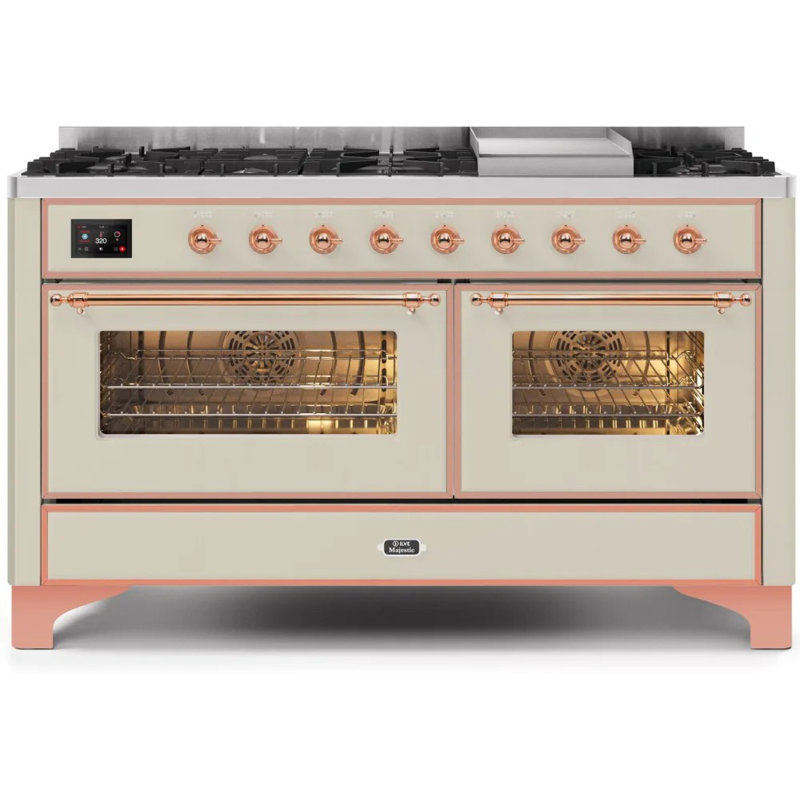 ILVE UM15FDNS3BGG Majestic II 60 inch Dual Fuel Range with 9 Burners, Griddle (Natural Gas, Triple Glass Door, Blue Grey, Brass)
