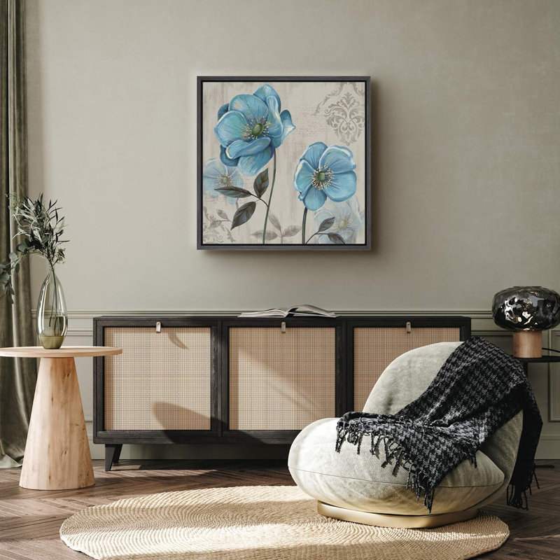 «Magnolias bleus avec insignes florales», art floral, H 16 po x l 16 po x P 1,5 po, Noir