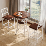 3-Pieces Dining Table Set For Small Space,24'' Round Wooden Top Table & 2 PU Leather Upholstered Chairs, Modern Kitchen Table Set With Metal Frame, Bistro Set For Patio, Cafe, Restaurant & Bar