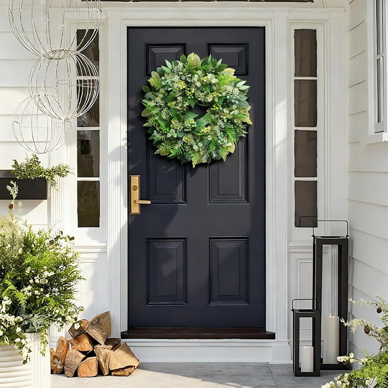 Couronne de verdure eucalyptus - vert - couronne artificielle avec baies pour porte d'entrée, intérieur / extérieur, décoration de maison de campagne toutes saisons