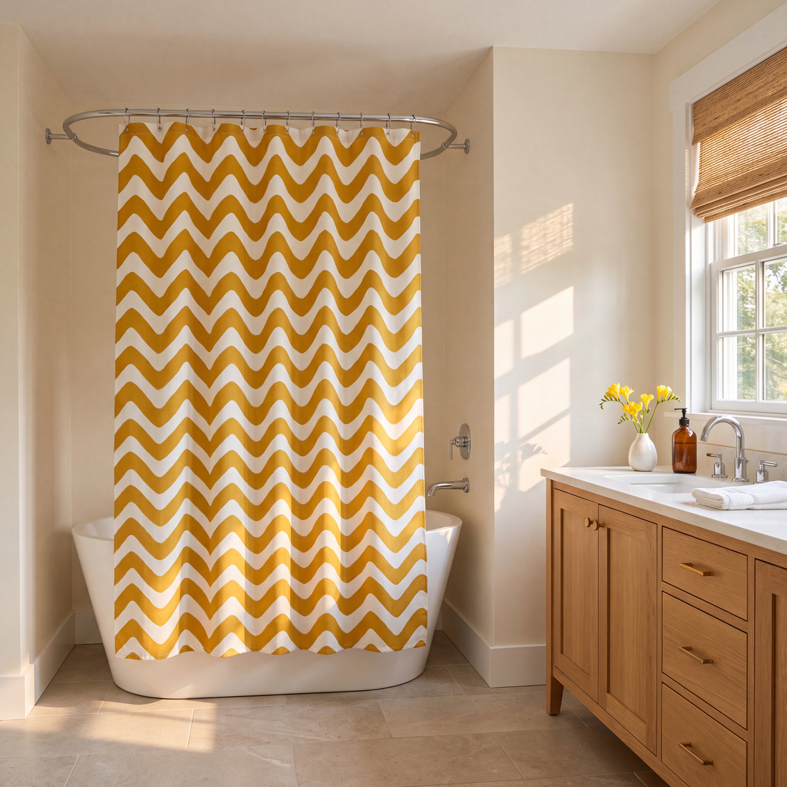 Polyester Shower Curtain, Mustard/White