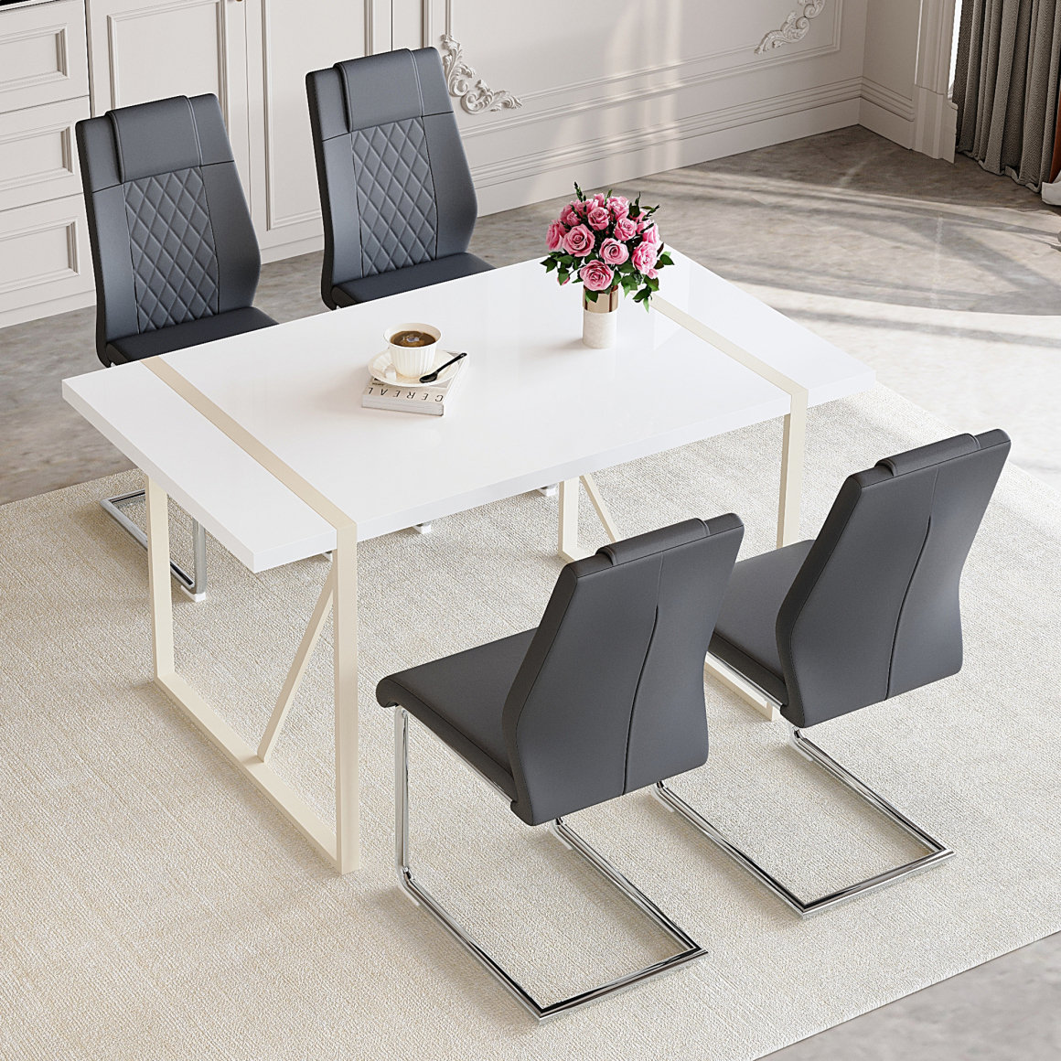 Brayden Studio Table And Chair Set.55"X31.4" Cream-Style White MDF ...
