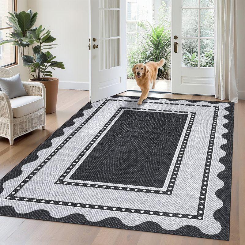 Washable Scalloped Area Rugs Living Room Rug Non Slip Stain-Resistant Rug for Bedroom Dining Room Home Office Linen, Black