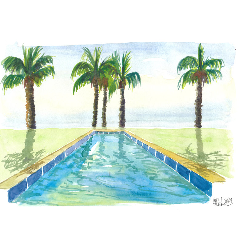 Piscine tropicale à débordement avec vue sur la mer du Sud par Martina Bleichner - Peinture, H 24 po x l 32 po