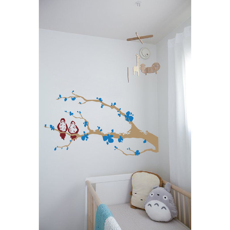 Décalcomanie murale branche arbre love oiseaux, Bleu / bourgogne, H 31 po x l 60 po x P 0,01 po