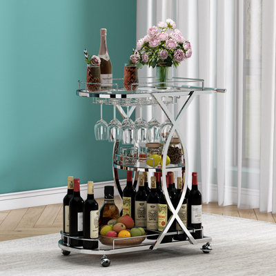 Bairoil 33.4" W Stainless Steel 3-Tier Bar Cart with Stemware Storage