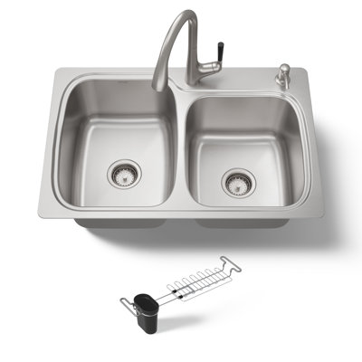 Ensemble d'évier de cuisine tout-en-un à double fixation en acier inoxydable avec robinet et accessoires