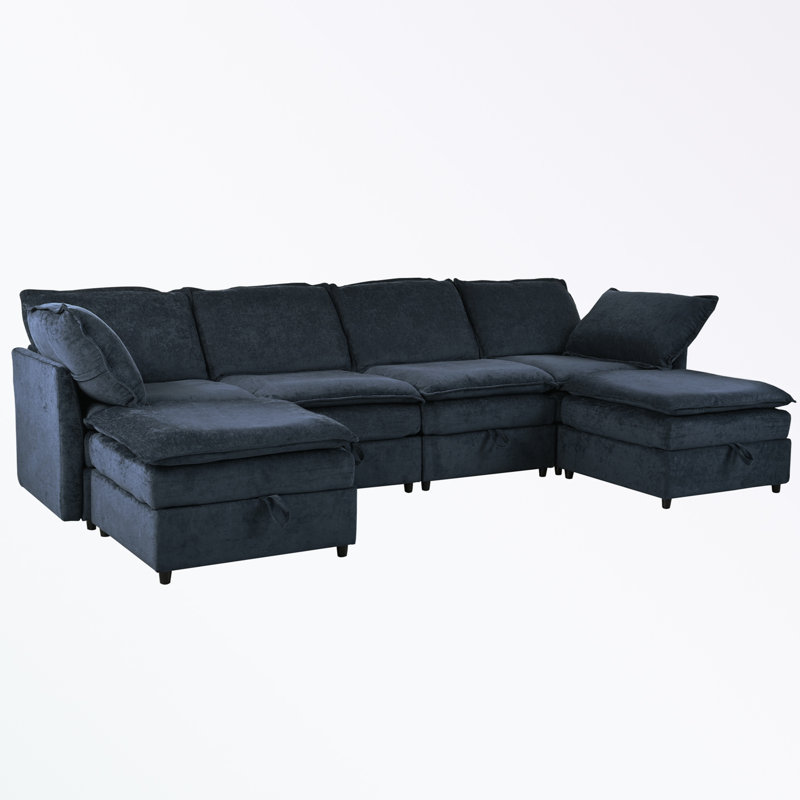 Taquila U-Shaped Sleeper Sectional Modular Sofa Bed, Dark Blue Polyester