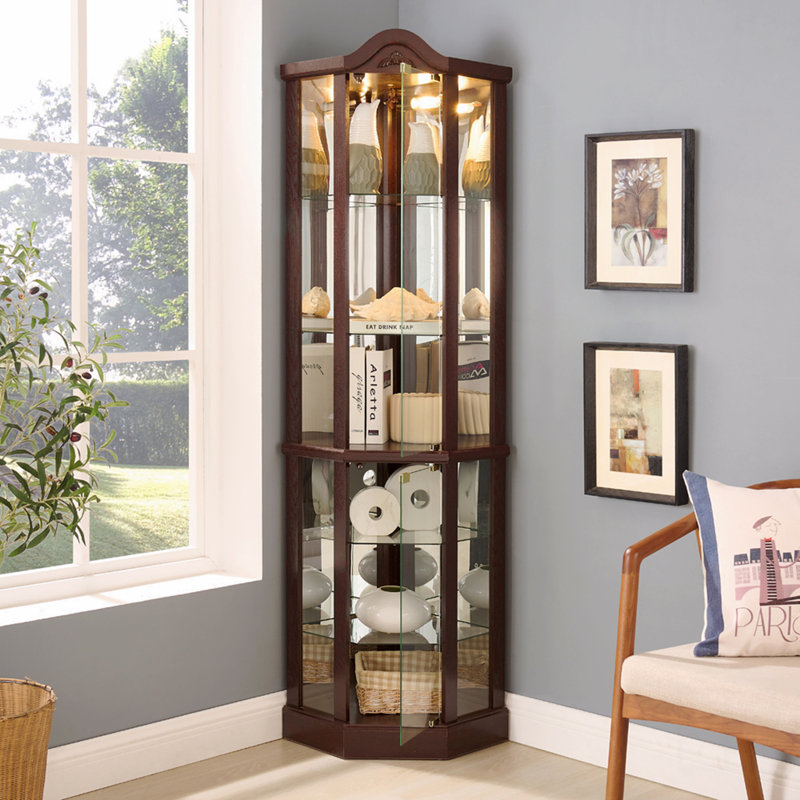 Armoire d'angle vitrée avec tablettes réglables, Brown