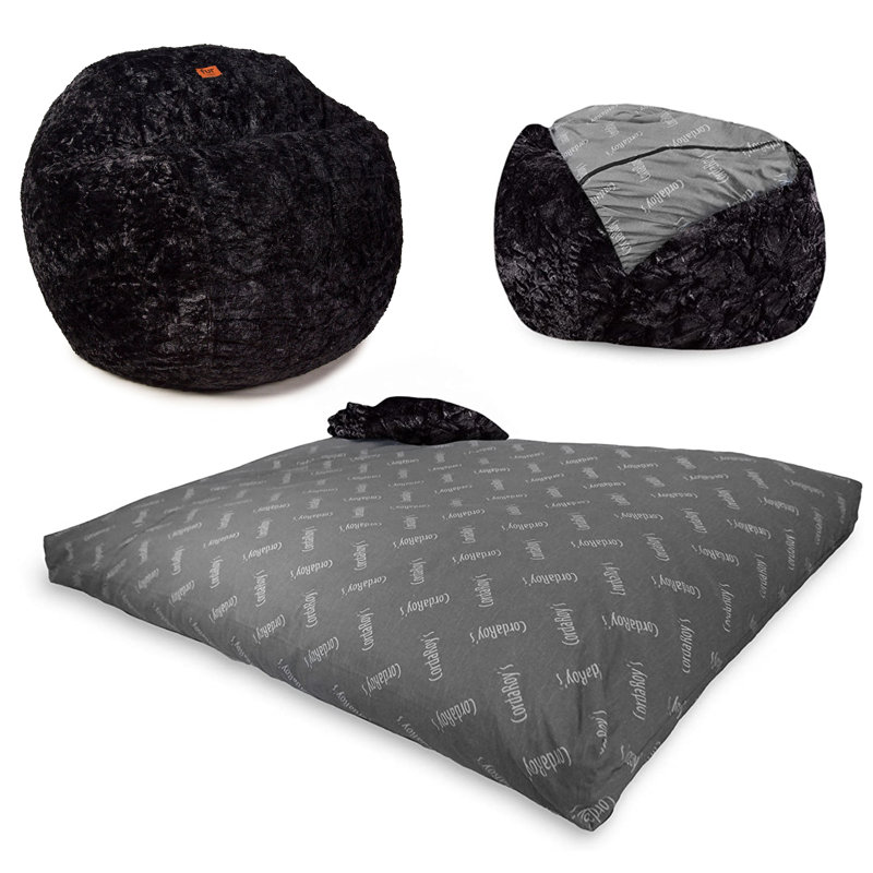 CordaRoy's Faux Fur Convertible Bean Bag Chair, Black Faux Fur, Medium (Queen)