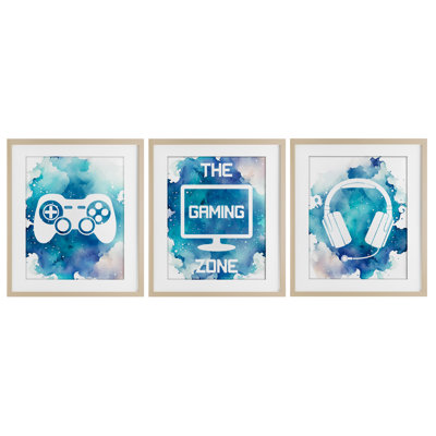 «Blue Gamer Splatters», ensemble de 3 impressions encadrées sous verre, conception de Marcus Prime