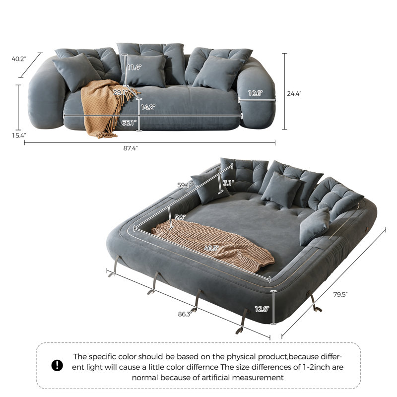 Canapé-lit convertible en velours Anchondo, H 23,6 po x l 86,2 po x P 40,2 po, Gris