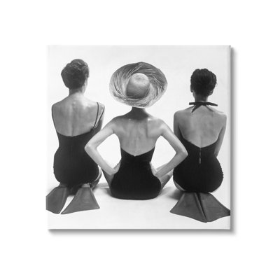 Women Sitting Beach Monochrome Vintage Swimsuits Flippers  XXL Stretched Canvas Wall Art by Graffitee Studios