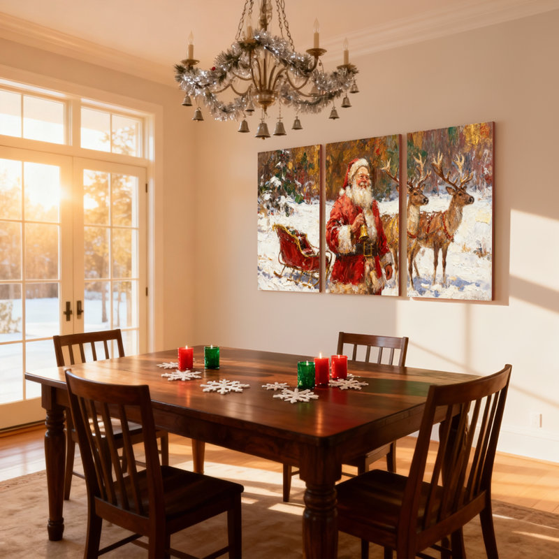 Ensemble de 3 impressions sur toile de Noël, père Noël avec renne et traîneau, H 30 po x l 60 po