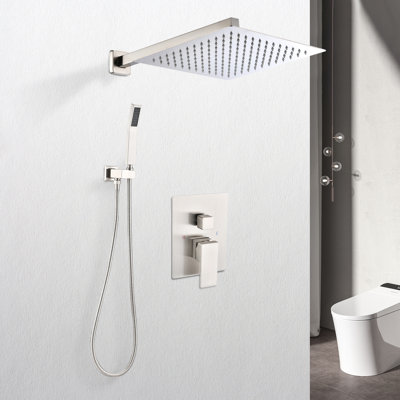 12" Wall Mounted Rain Shower Head - Brushed Nickel, Brass Made, Self-Cleaning Nozzle For Unclogged Water Flow, American Standard Pipe Compatible Mounted, Brass, Unobstructed And Consistent Release,