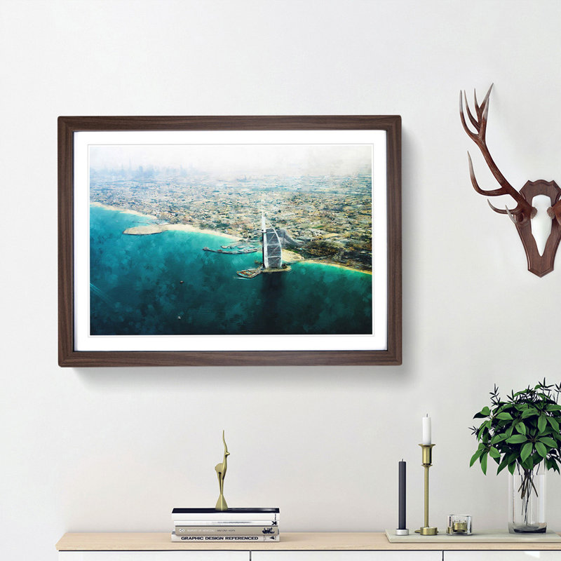 Burj Al Arab Hotel Dubai Skyline Painting - Single Picture Frame Print on MDF, 45cm H x 33cm W x 2cm D, Walnut