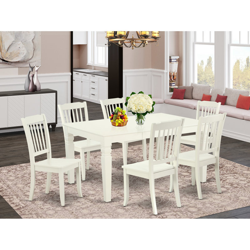7 Piece Dining Table Set Consist of a Rectangle Dining Room Table with Butterfly Leaf and 6 Wood Seat Chairs, Linen White
